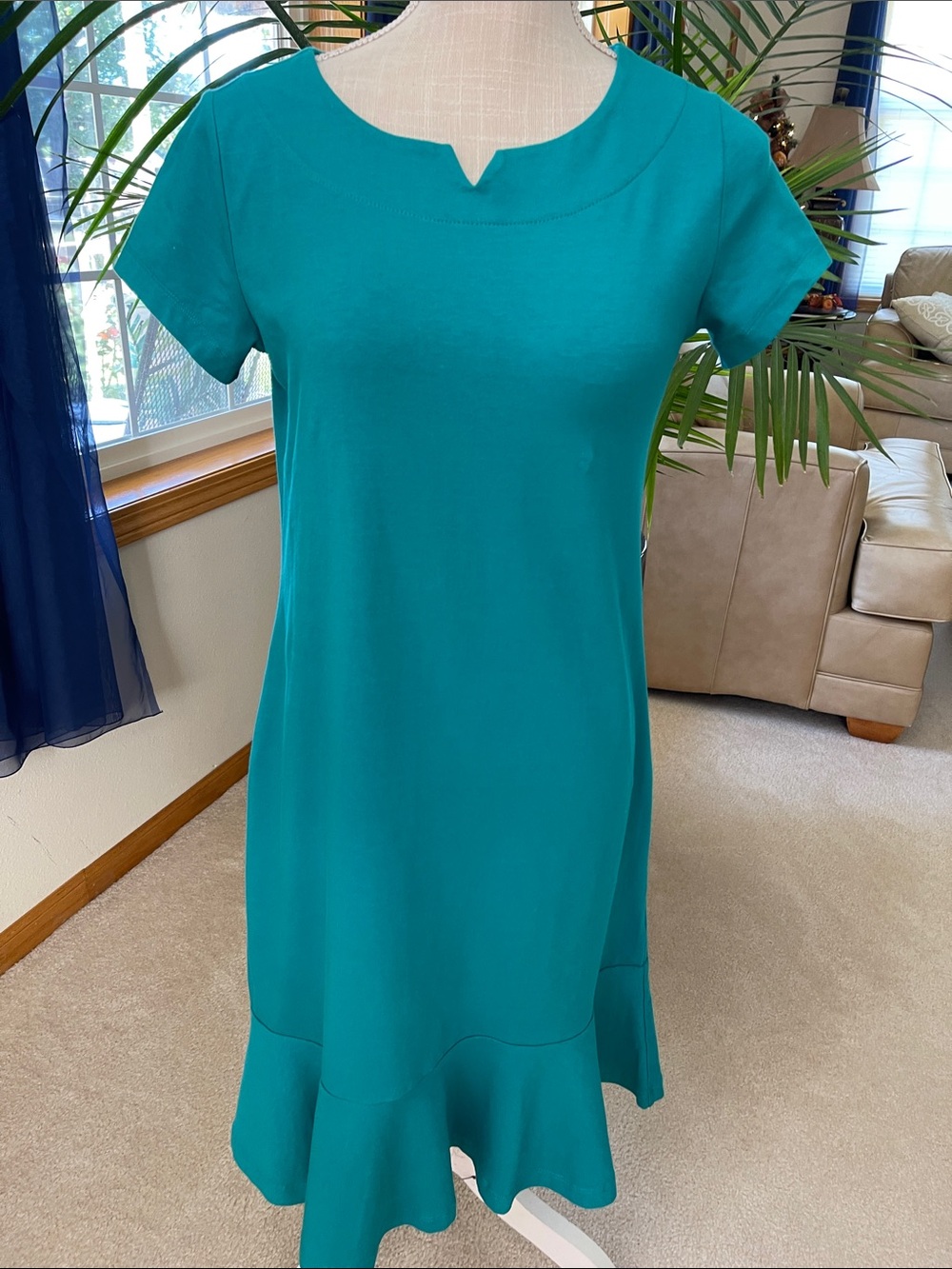 Lands' End Teal Short-Sleeve Midi Dress with Ruffle Hem